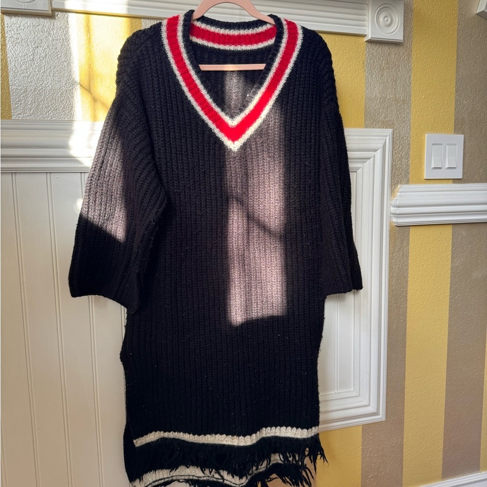 Black V-Neck Sweater with Red and White Accents